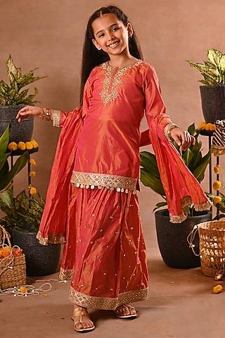 orange silk & cotton voile sharara set for girls