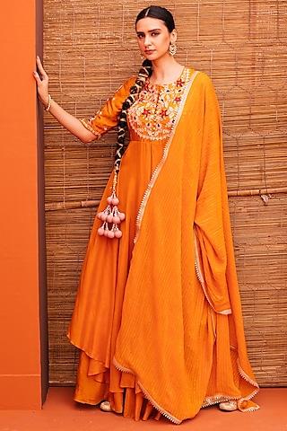 orange silk & georgette thread embroidered gown with dupatta