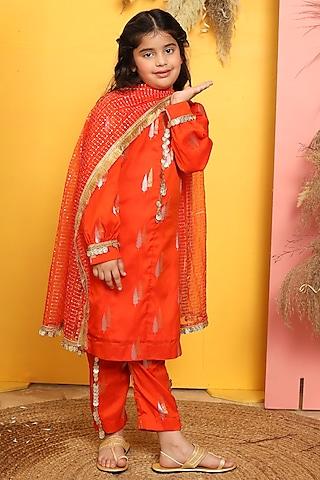 orange silk kurta set for girls