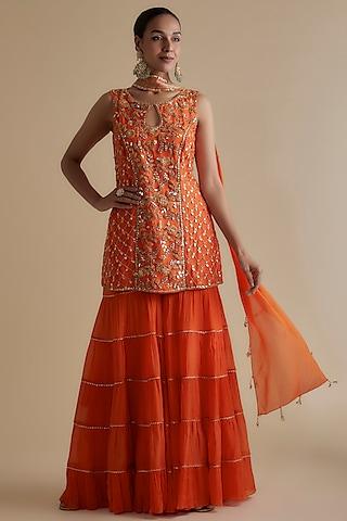 orange silk organza embroidered tunic set