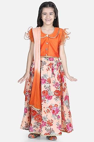orange silk printed lehenga set for girls