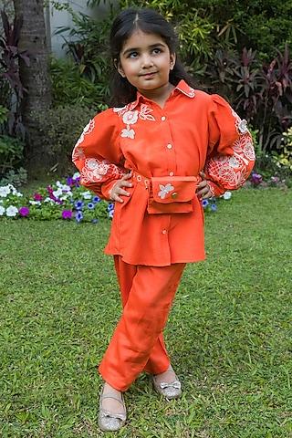 orange silk thread embroidered co-ord set for girls