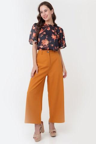 orange solid ankle-length formal women regular fit trousers