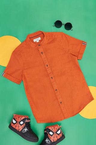 orange solid casual half sleeves band collar boys regular fit  shirt