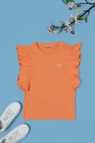 orange solid casual sleeveless round neck girls t-shirt