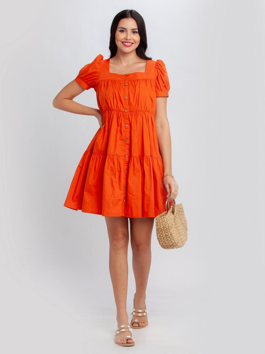 orange solid tiered short dress for women
