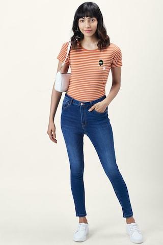 orange stripe casual half sleeves round neck women regular fit t-shirt