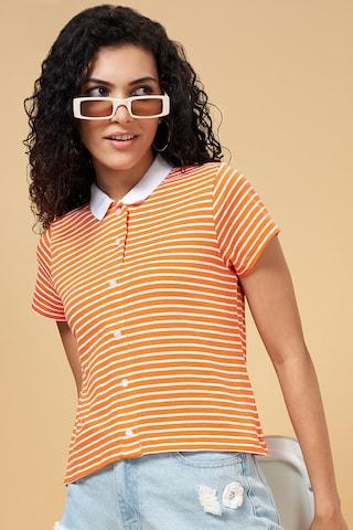 orange stripe casual short sleeves round neck women crop fit top