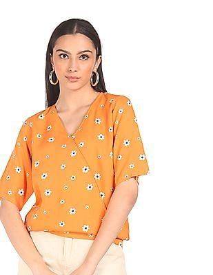 orange surplice neck short sleeve printed top
