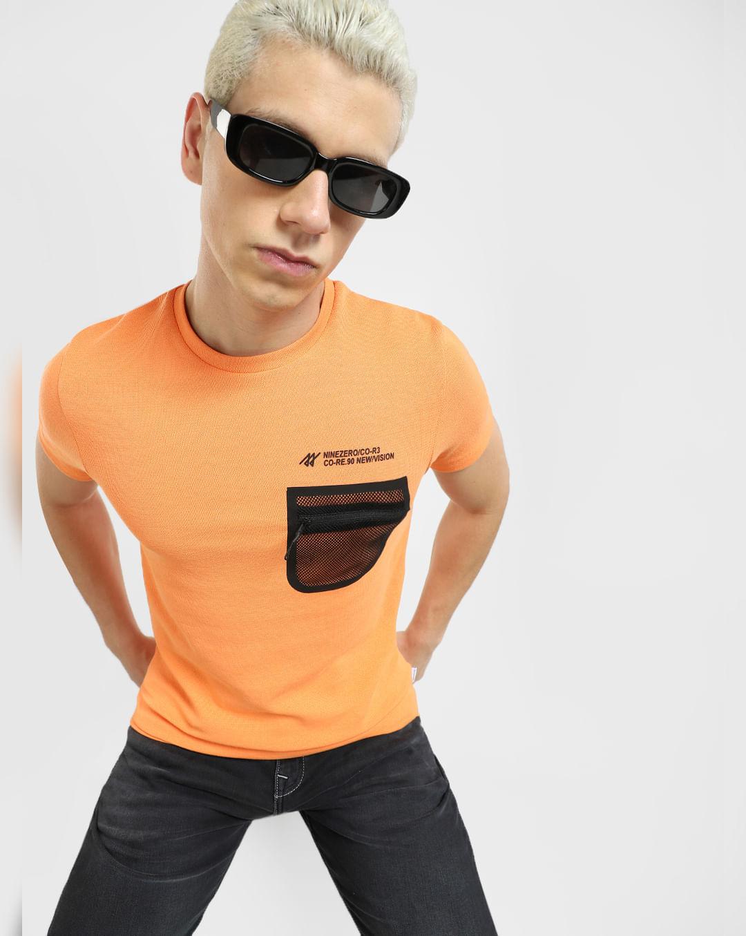 orange zip pocket crew neck t-shirt