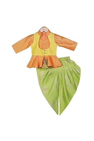 orange, yellow & light green printed dhoti set for girls
