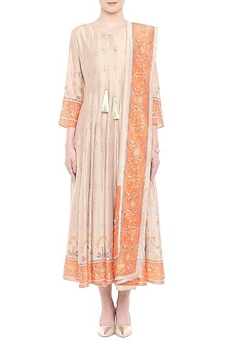 orange & beige embroidered printed anarkali with dupatta