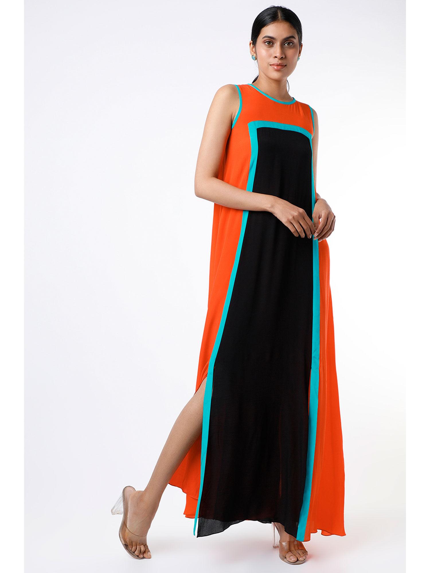 orange & black color blocked maxi dress