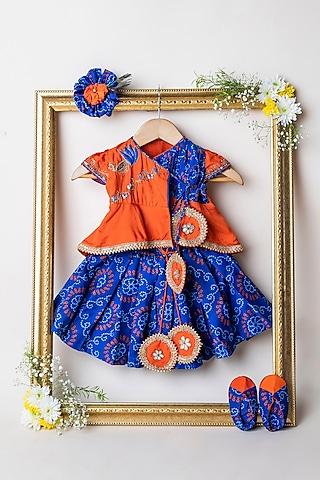 orange & blue printed lehenga set for girls