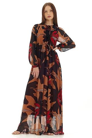 orange & brown chiffon floral kaftan dress