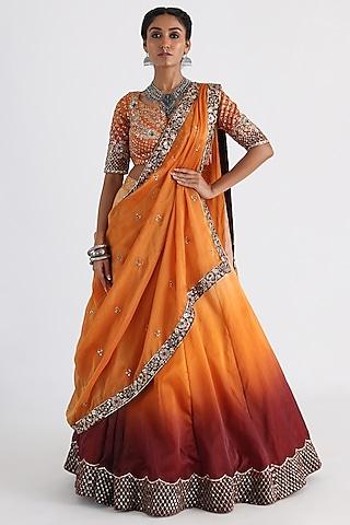 orange & brown satin organza lehenga set