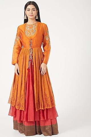 orange & dark pink hand painted layered kurta set