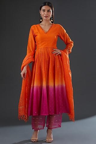 orange & fuchsia shaded chanderi silk anarkali set