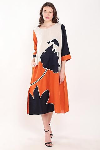 orange & navy blue linen floral embroidered dress