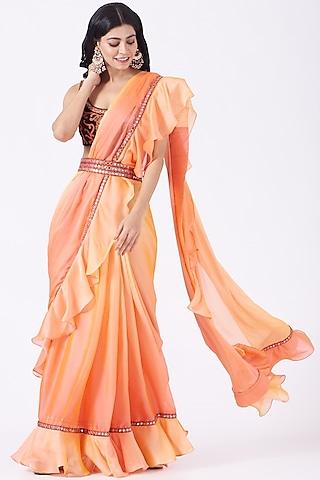 orange & peach embroidered draped saree set