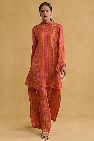 orange & pink chinon floral kurta set