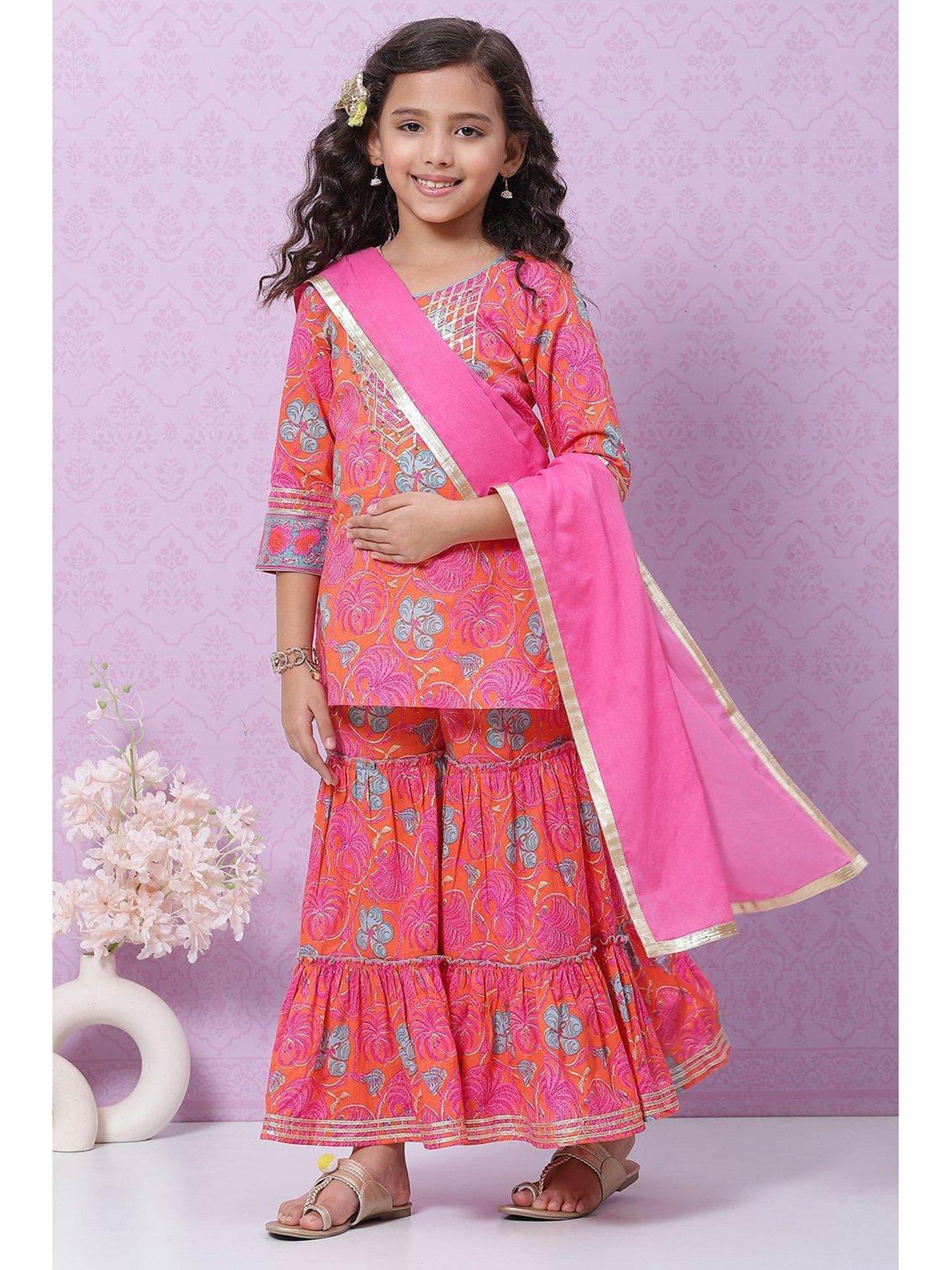 orange & pink printed sharara (set of 3)