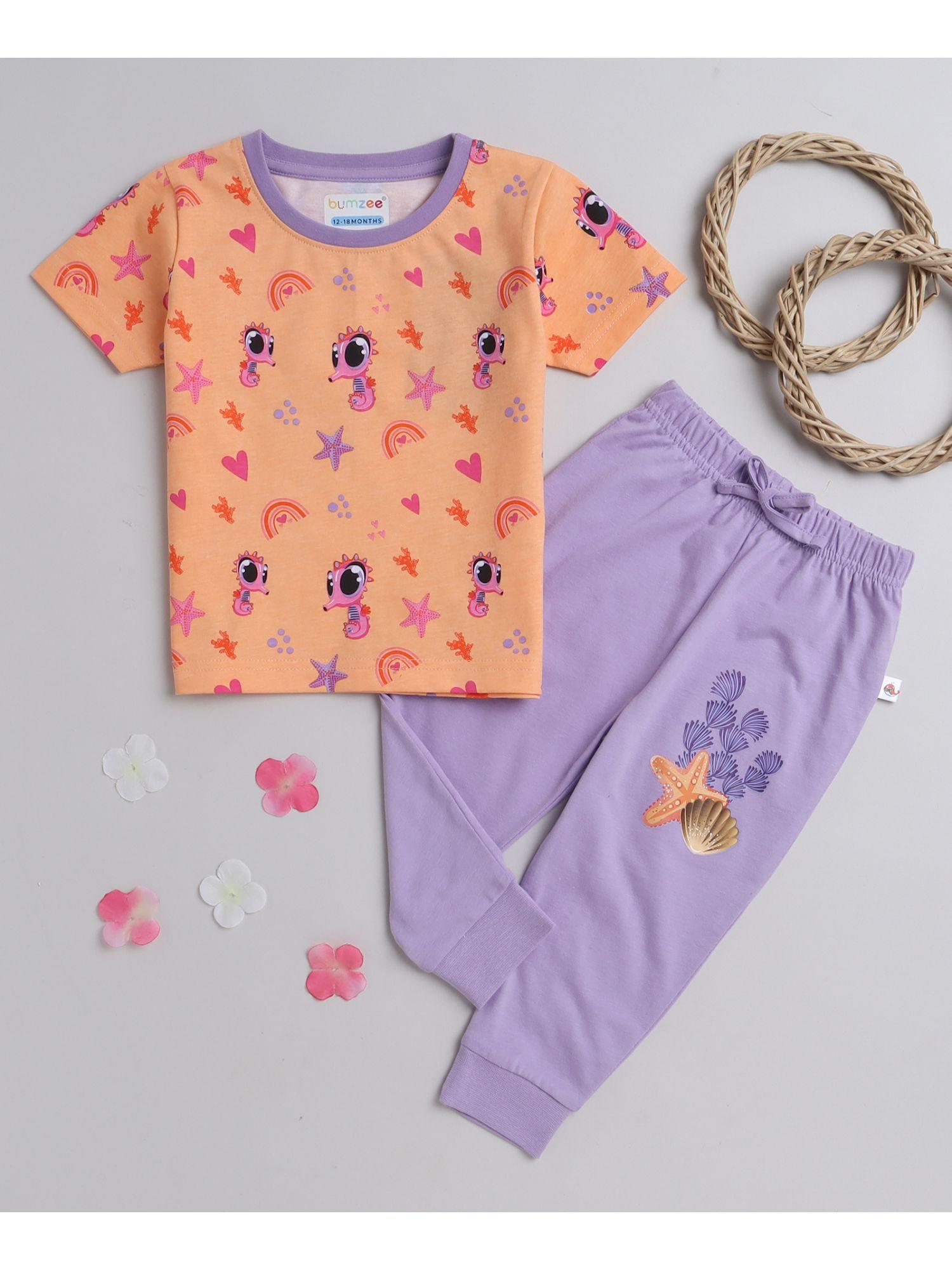 orange & purple girls half sleeves t-shirt & pyjama (set of 2)