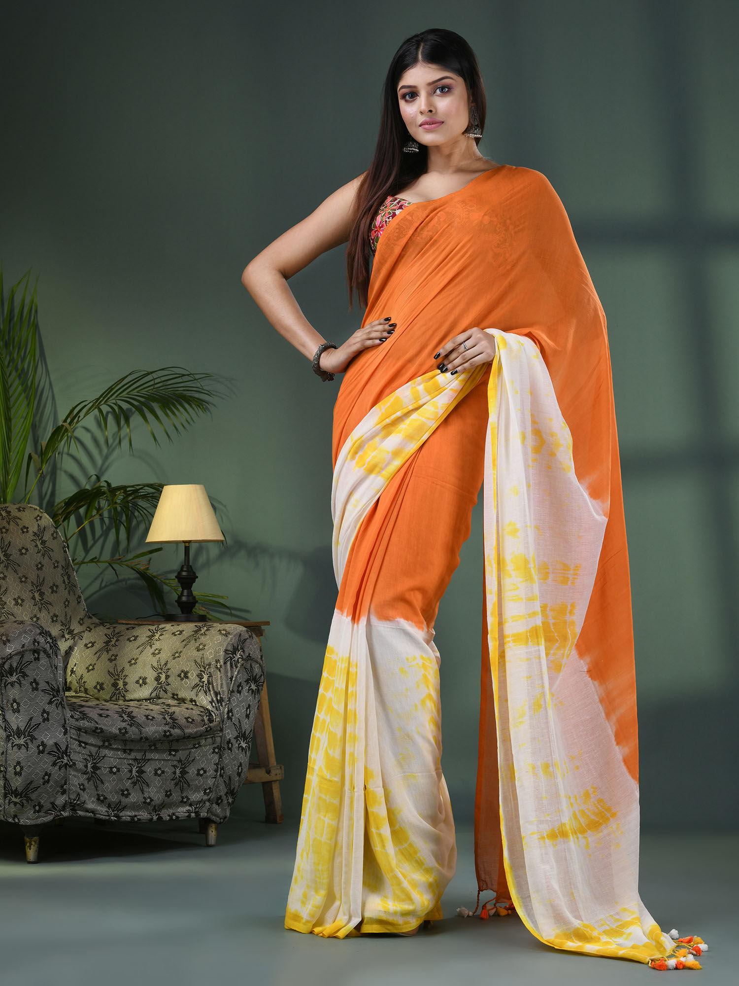 orange & white cotton srivari handloom saree with unstitched blouse