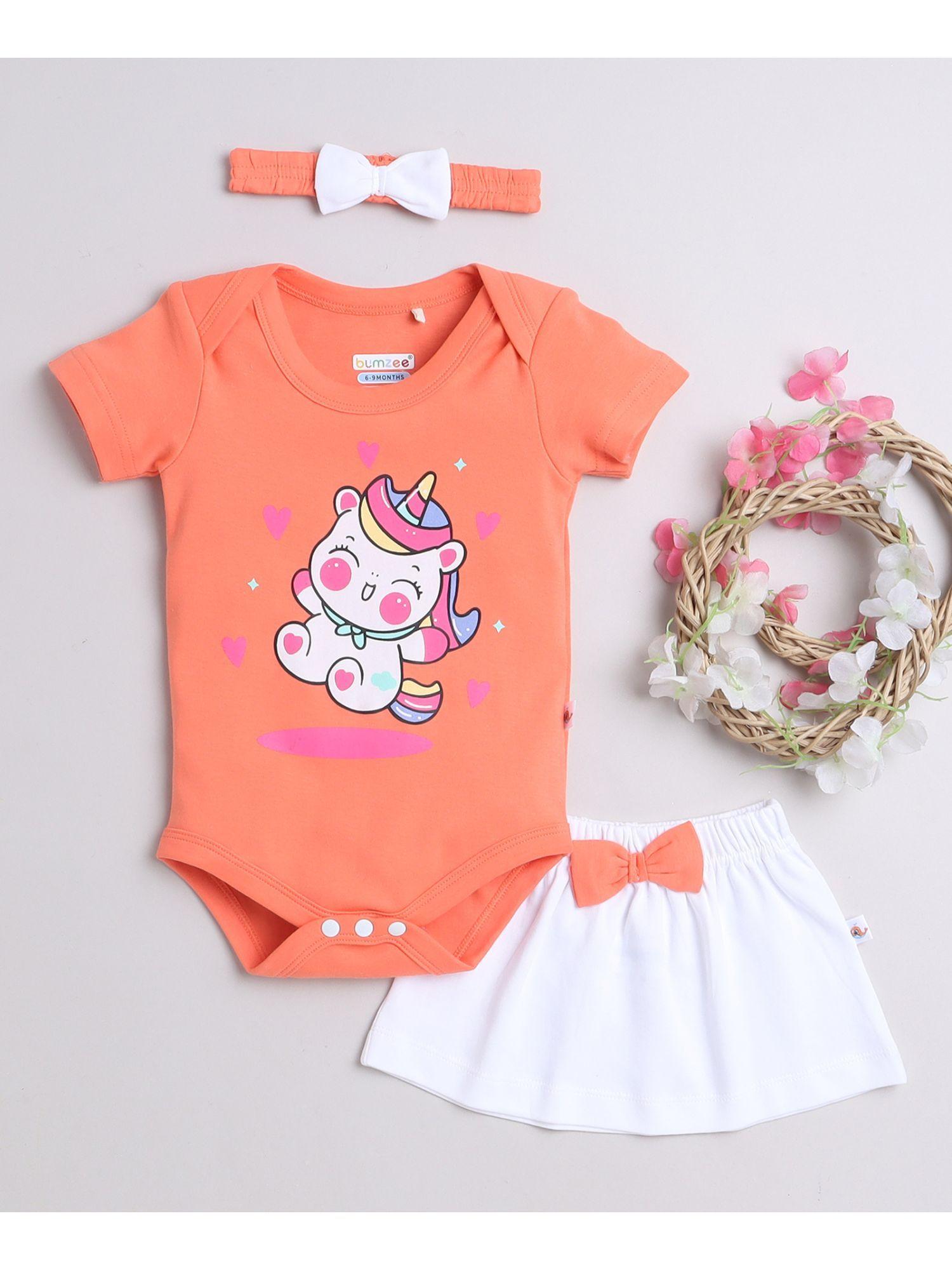 orange & white girls half sleeves bodysuit and skirt with headband (set of 3)