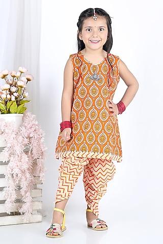 orange & white printed kurta set for girls