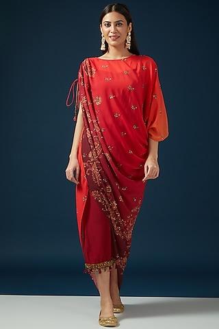 orange & wine flat chiffon printed asymmetric draped kurta set