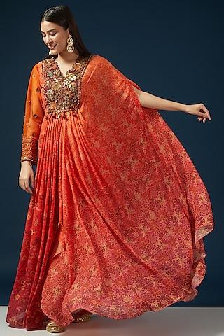 orange & wine flat chiffon printed draped anarkali set