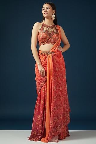 orange & wine flat chiffon printed draped saree set