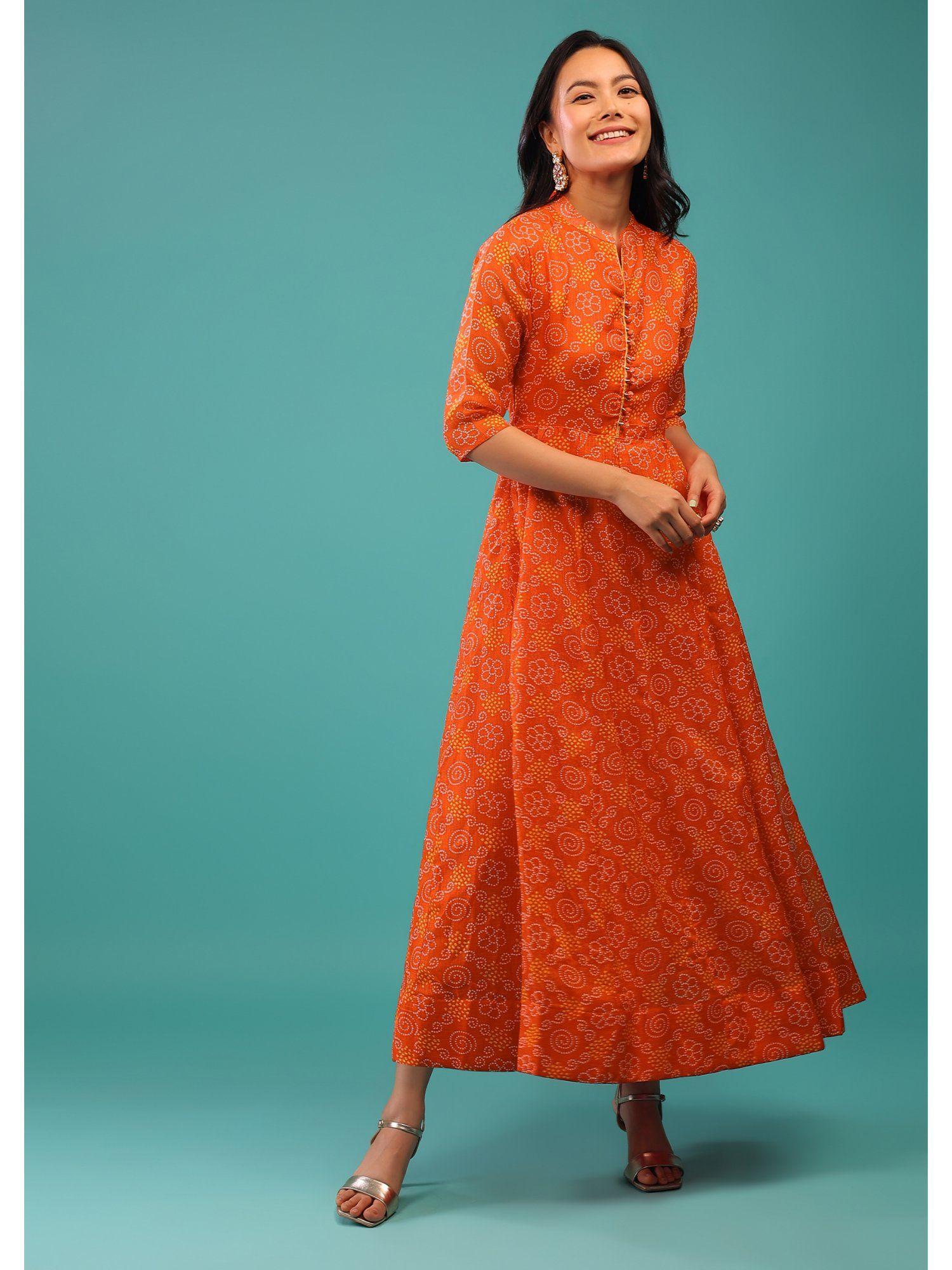 orange & yellow dress with bandhani print and kota silk