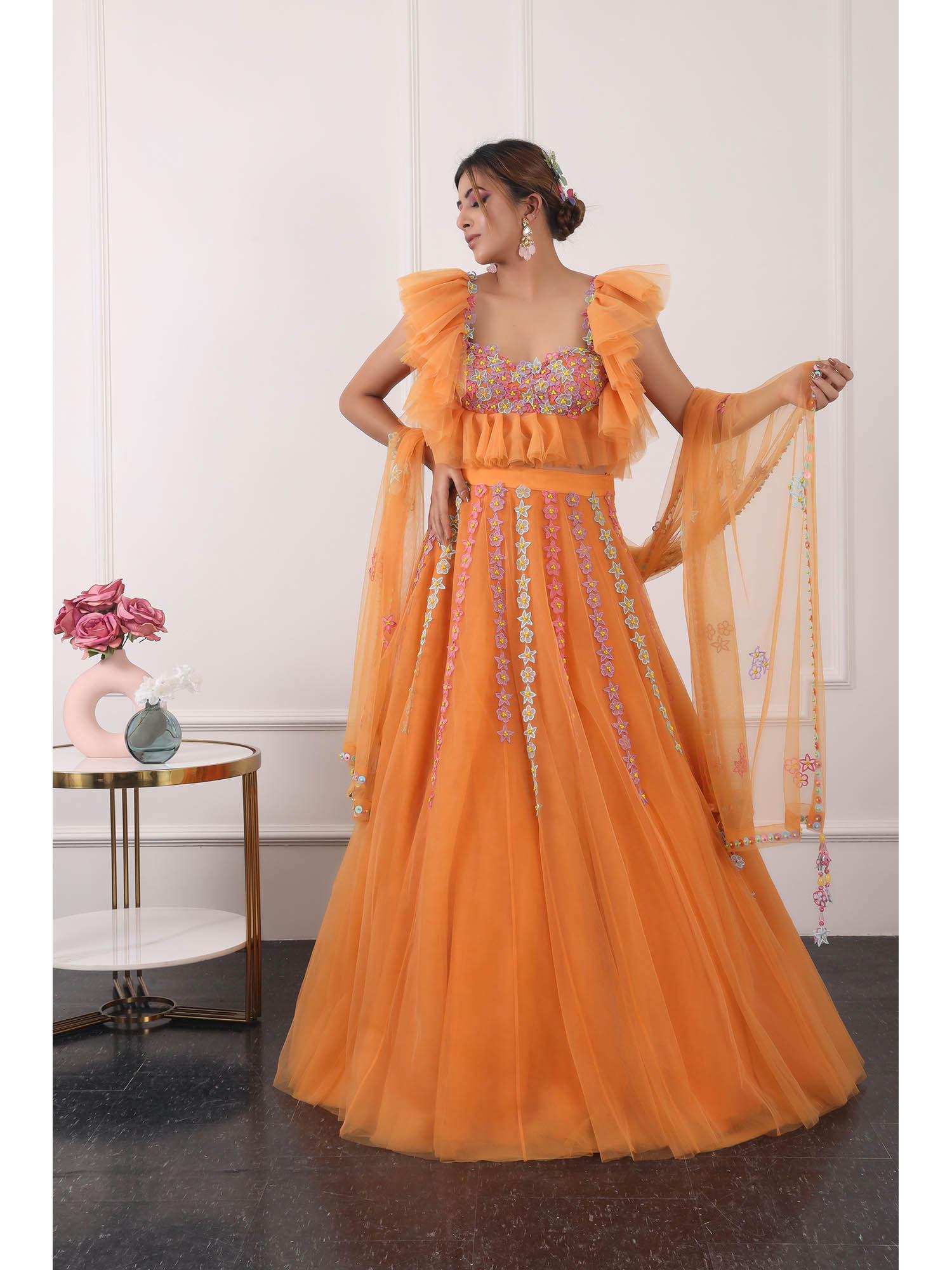 orange 3d embroidered lehenga with blouse and dupatta (set of 3)