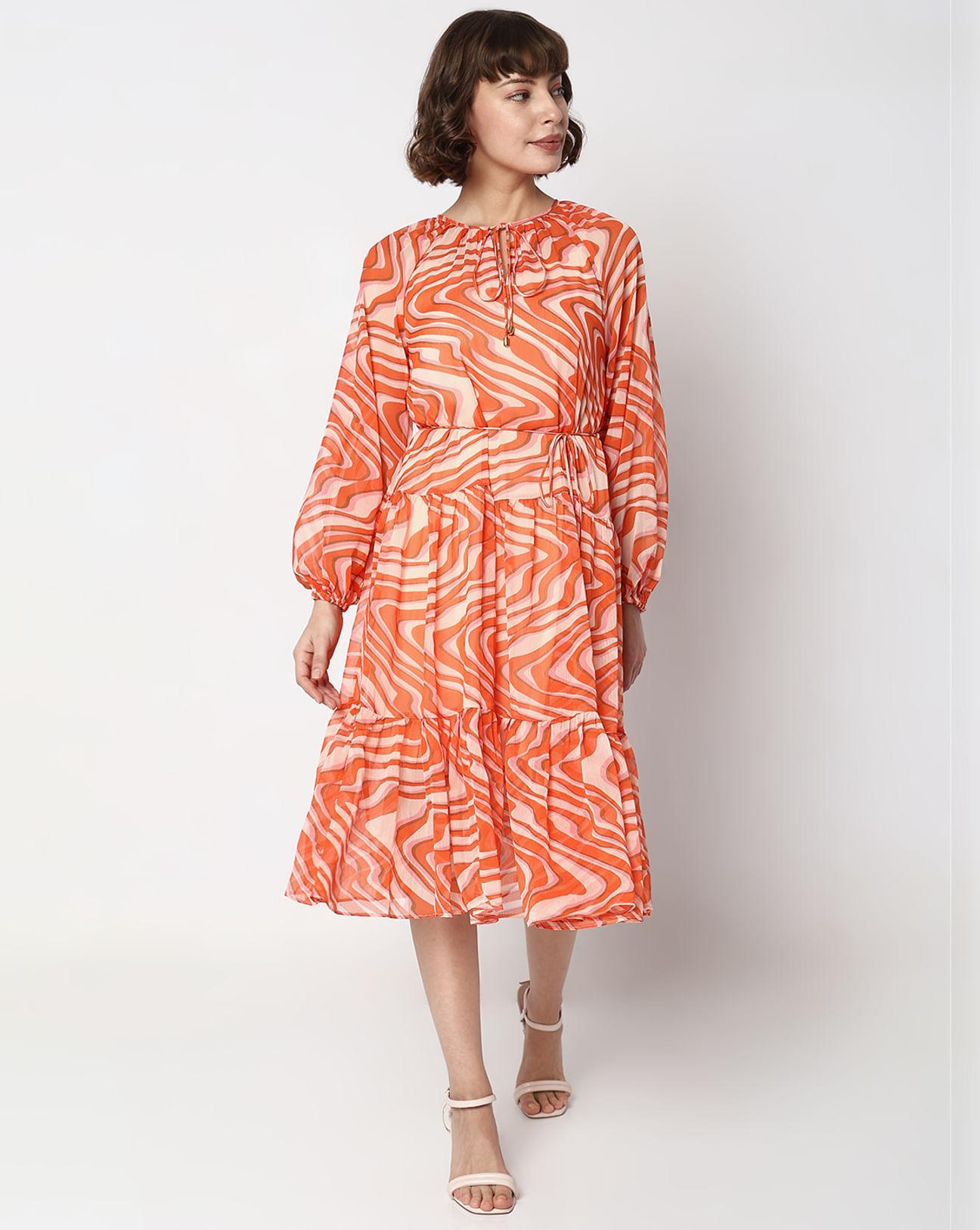 orange abstract print midi dress