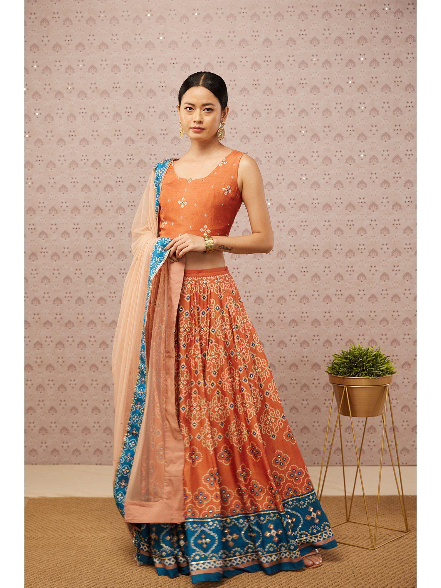 orange and blue bandhej printed lehenga with dupatta (set of 3)