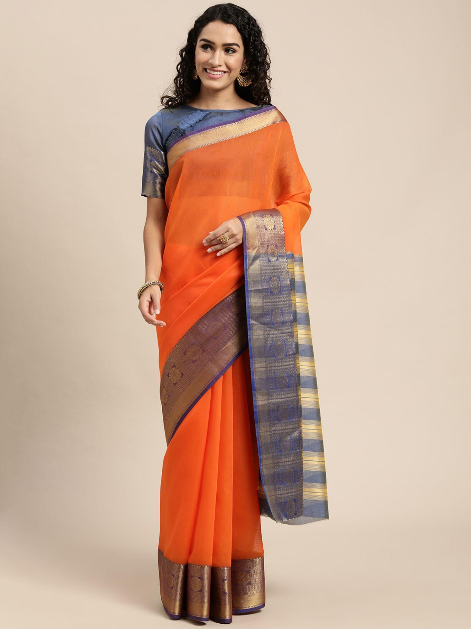 orange and blue borders cotton saree with unstitched blouse