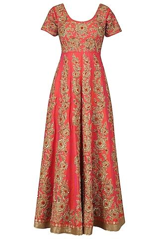 orange and gold jaal embroidered anarkali set