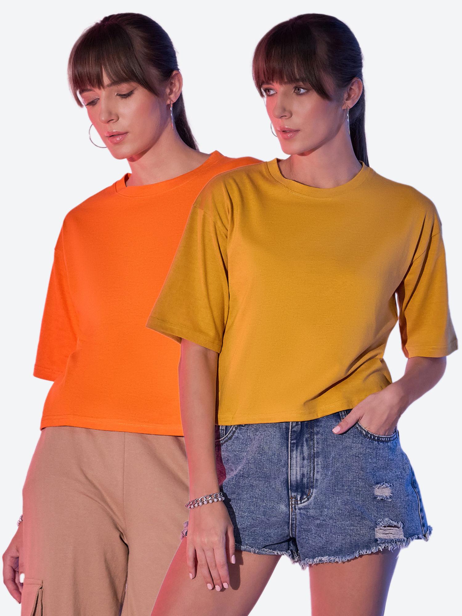 orange and mustard cotton solid loose fit women cropped t-shirt (pack of 2)