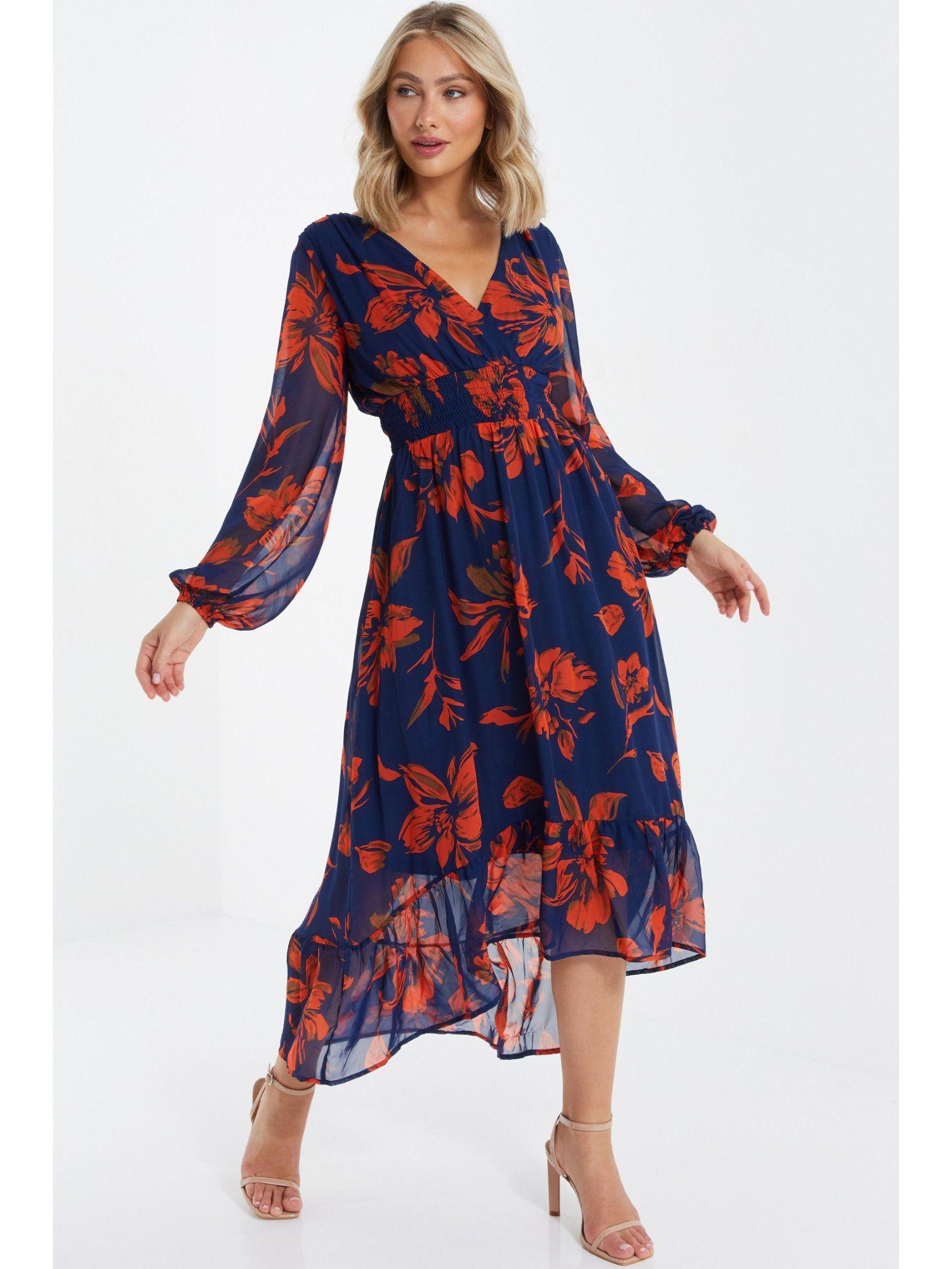 orange and navy chiffon floral dress