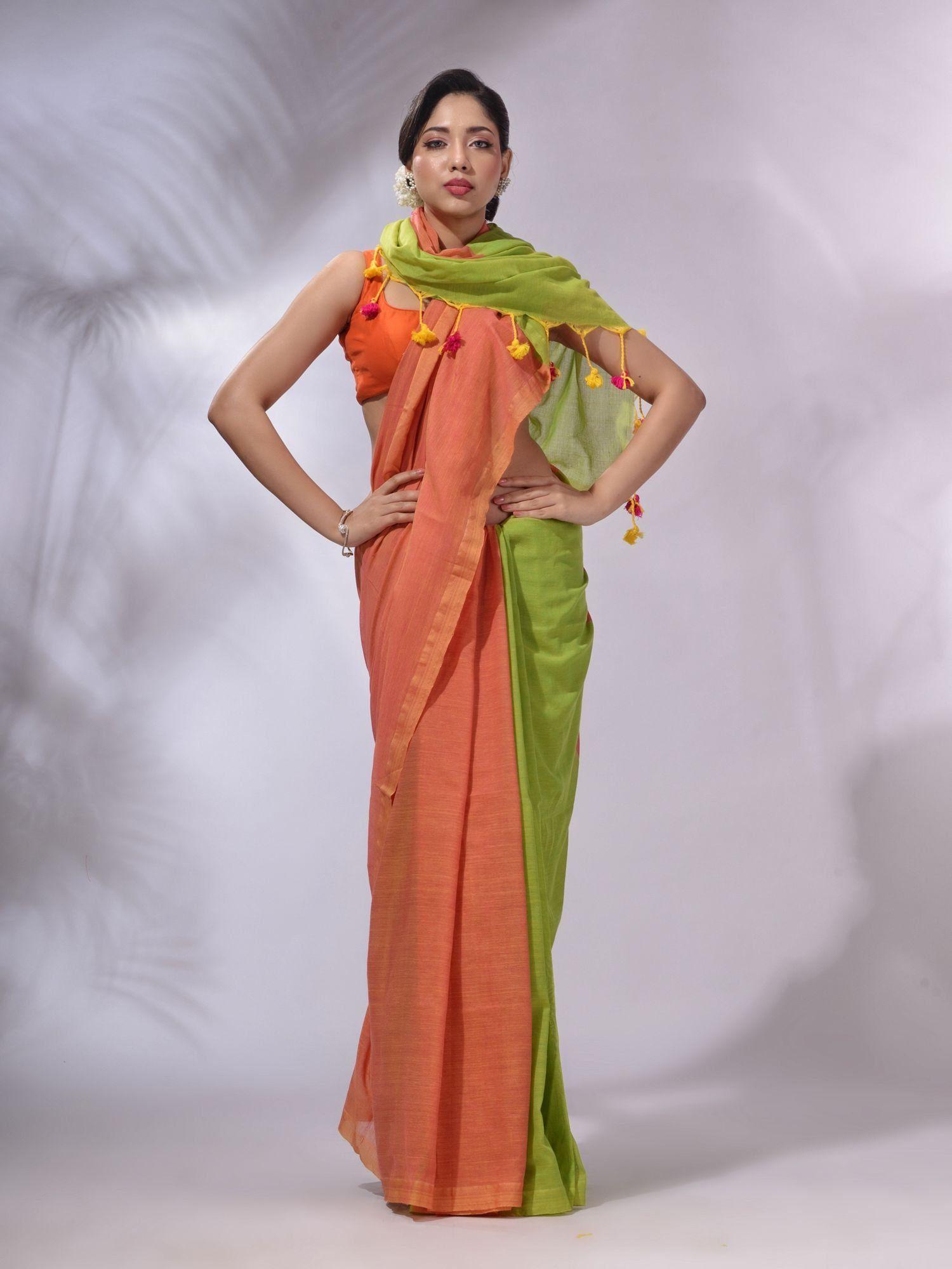 orange and parrot green cotton handwoven patli pallu saree with unstitched blouse