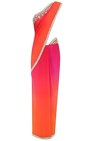 orange and pink shaded embroidred motifs saree