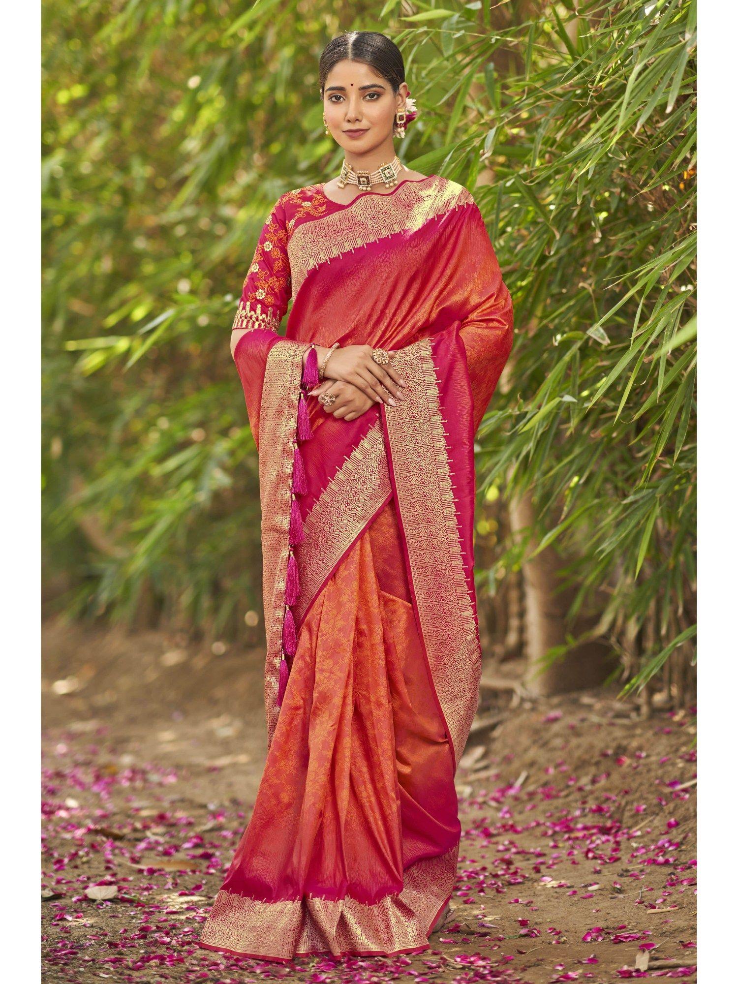 orange and pink woven tassels saree with unstitched blouse