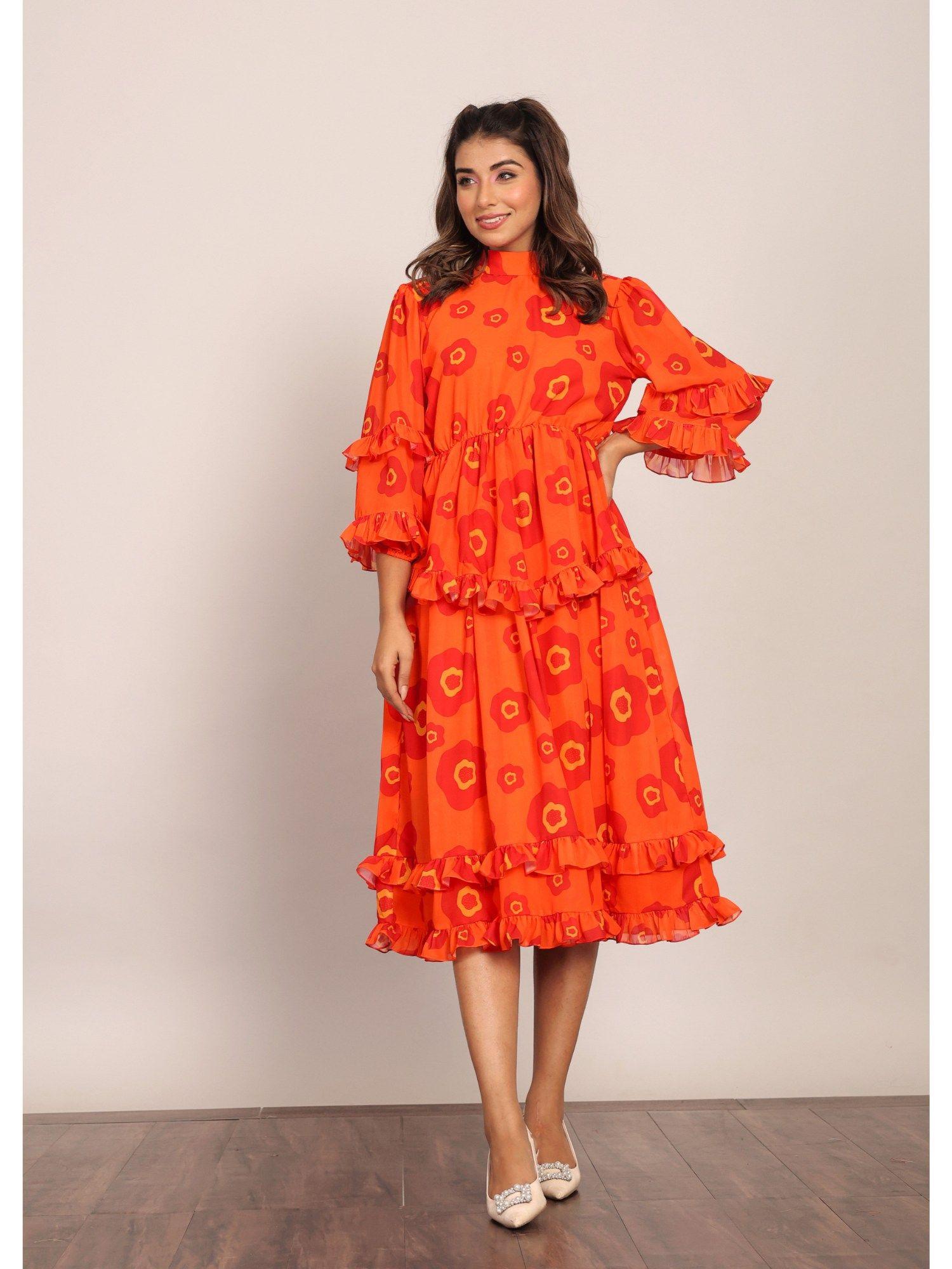 orange and red floral summer midi dress