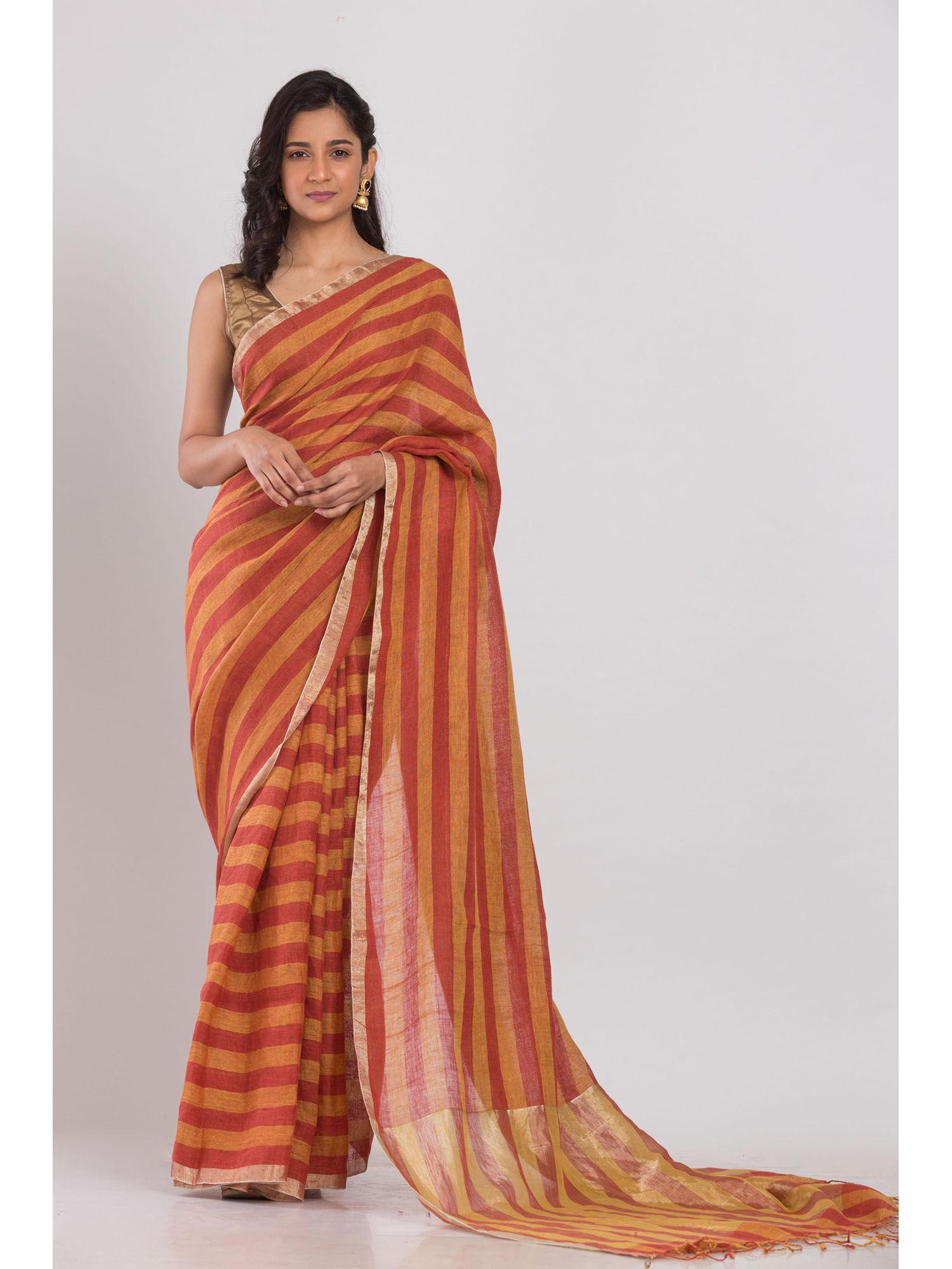 orange and red stripes handwoven linen saree with unstitched blouse