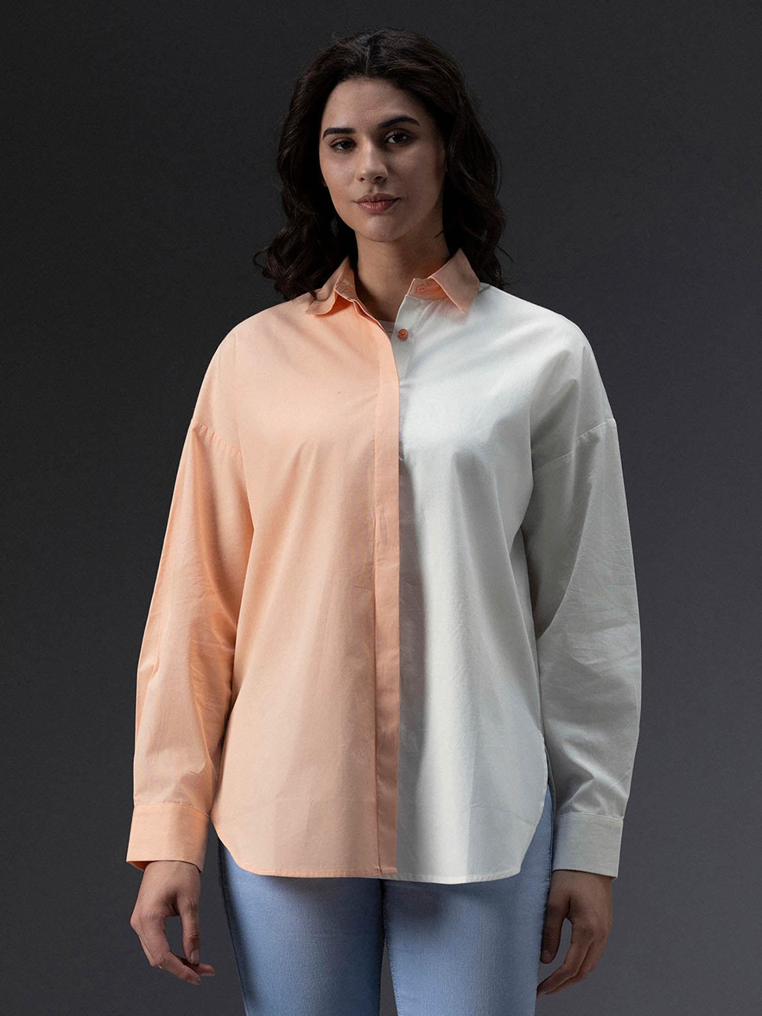 orange and white cotton spread collar long sleeves shirts