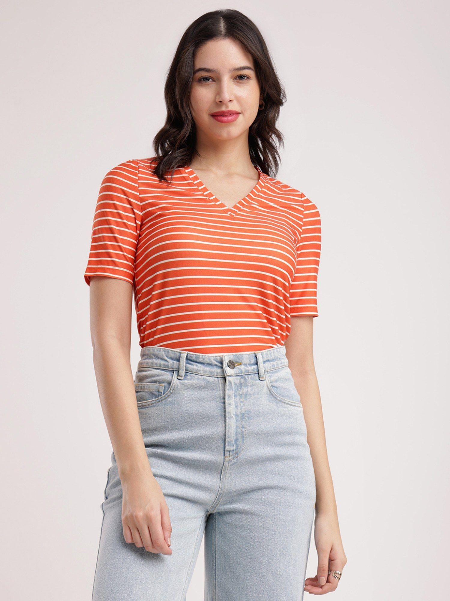 orange and white striped knitted t-shirt