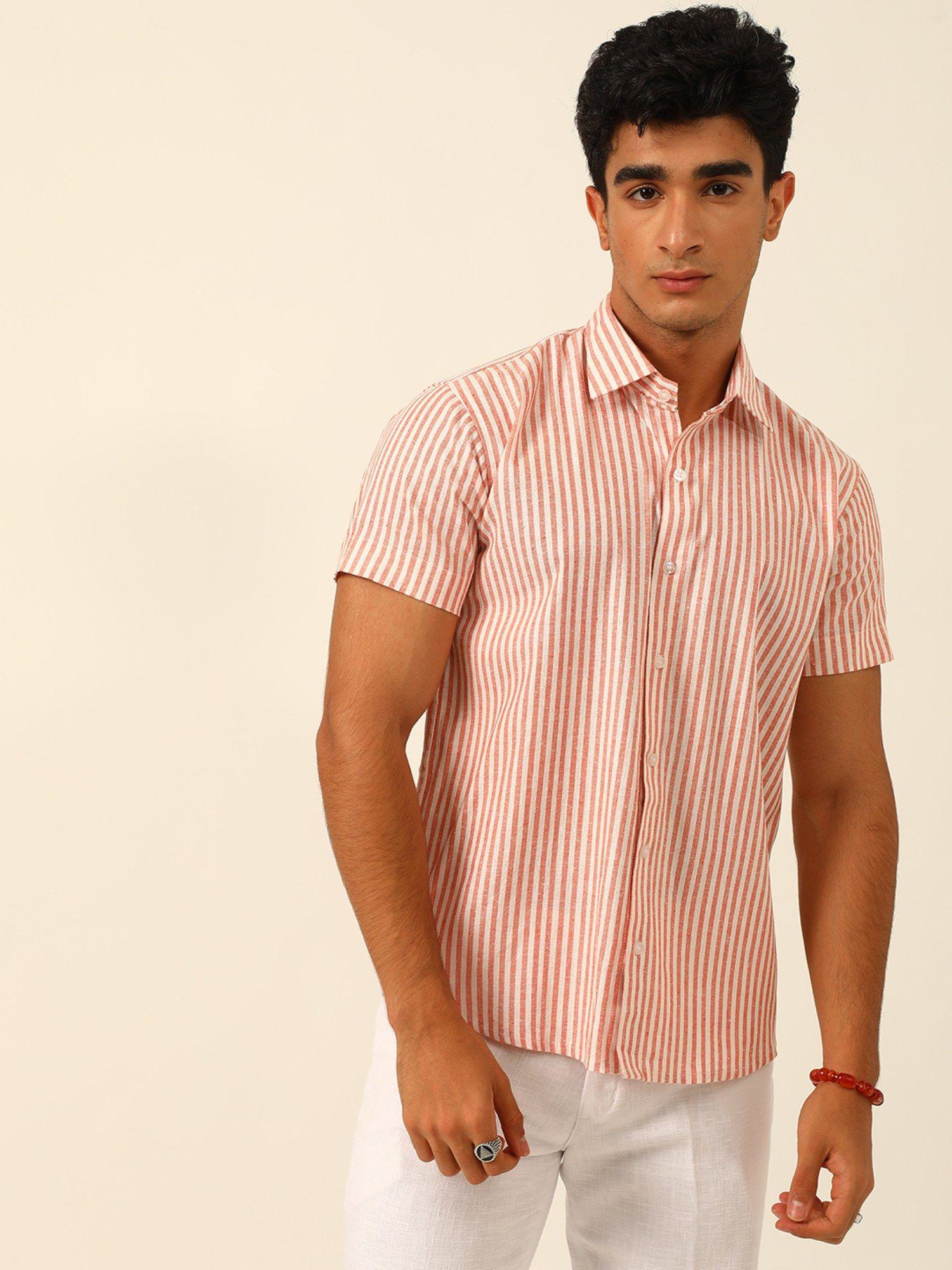 orange and white striped sustainable linen slim fit shirt