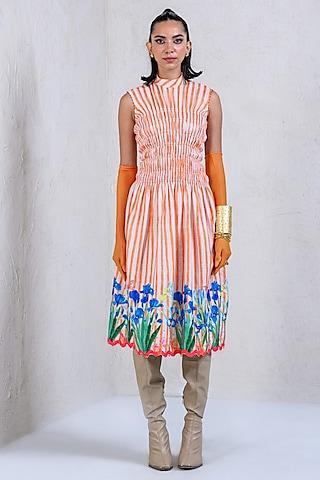 orange art twill floral printed striped dress